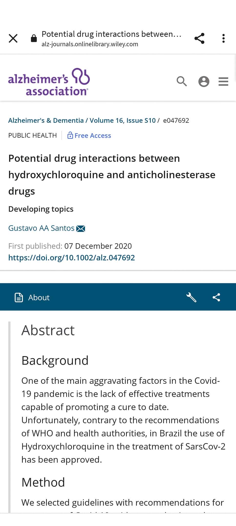 O Artigo Científico “Potential drug interactions between hydroxychloroquine and anticholinesterase drugs” do Dr. Gustavo Alves foi publicado  na mais importante revista científica de Alzheimer.